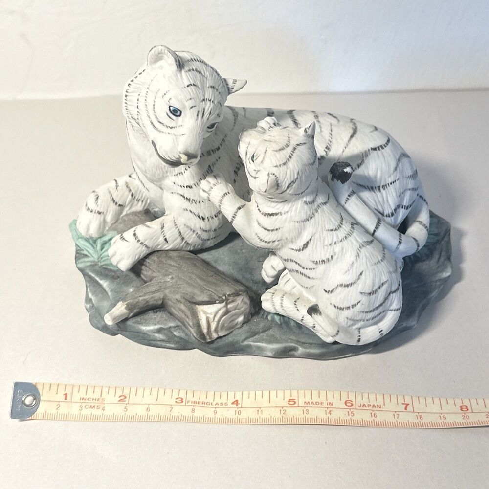 Porcelain White Tiger With Baby Cub Hand Painted 5 1/4" h x 8" x 5 1/4"